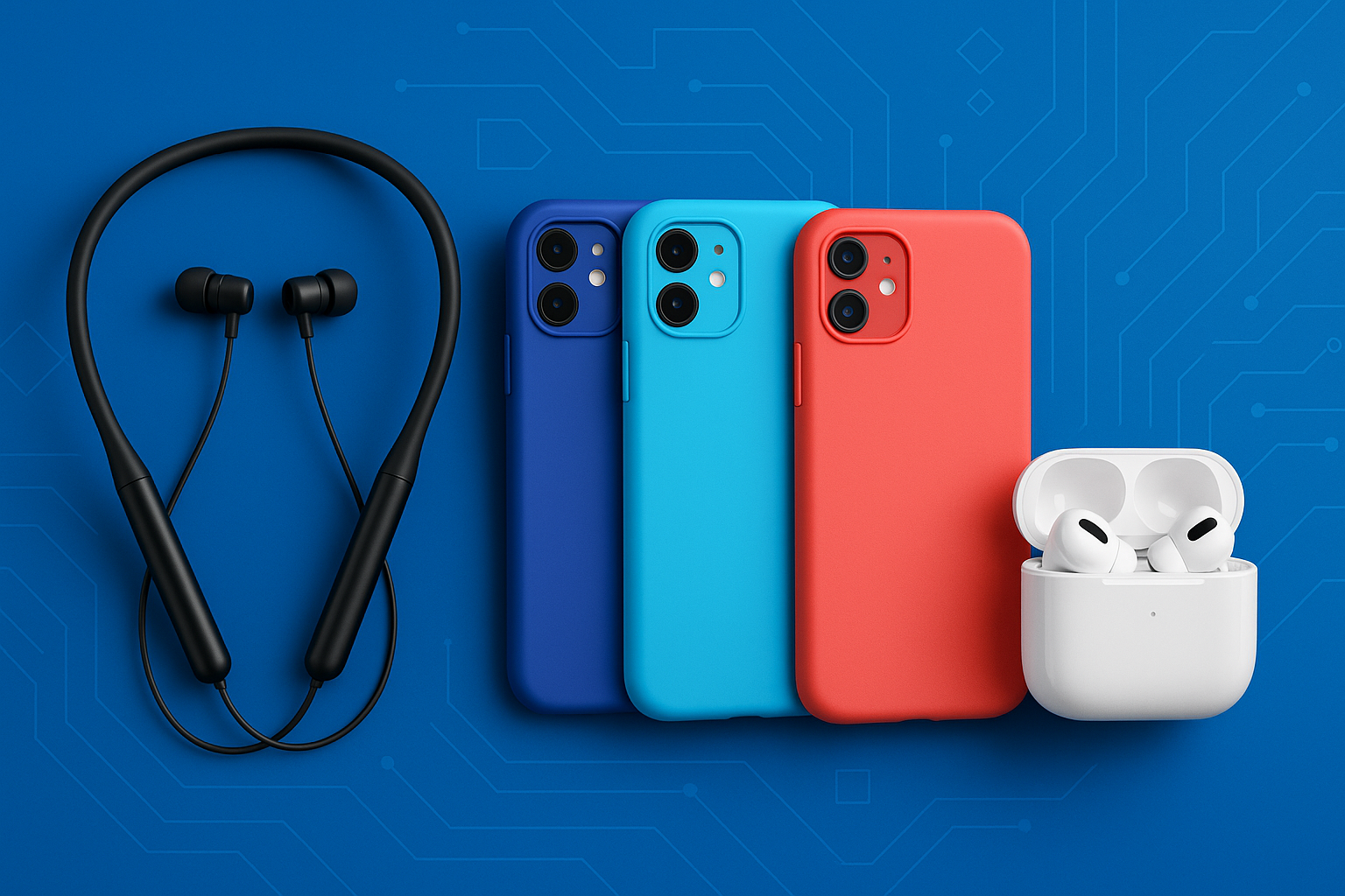 create a image for my collection list page where my product is neckband, phone covers and earpods